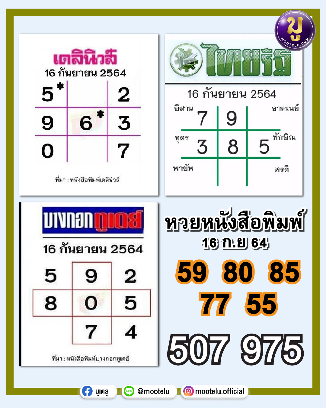 หวยหนังสือพิมพ์ 16-09-64