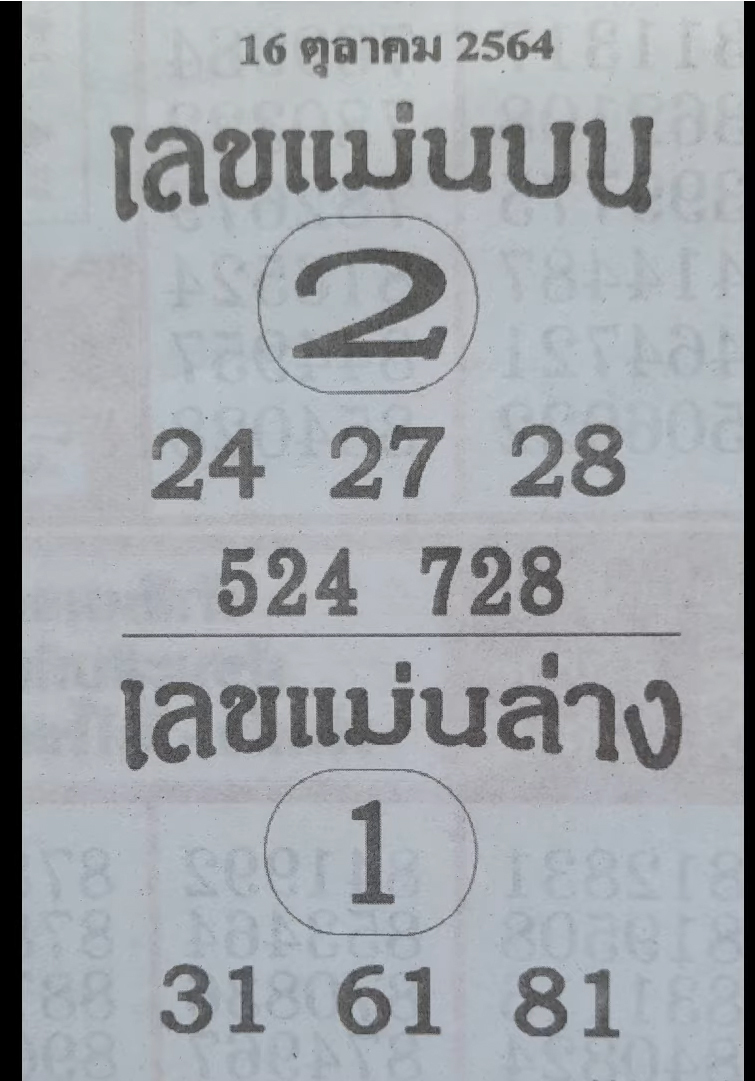 หวยเลขแม่นบน 16-10-64