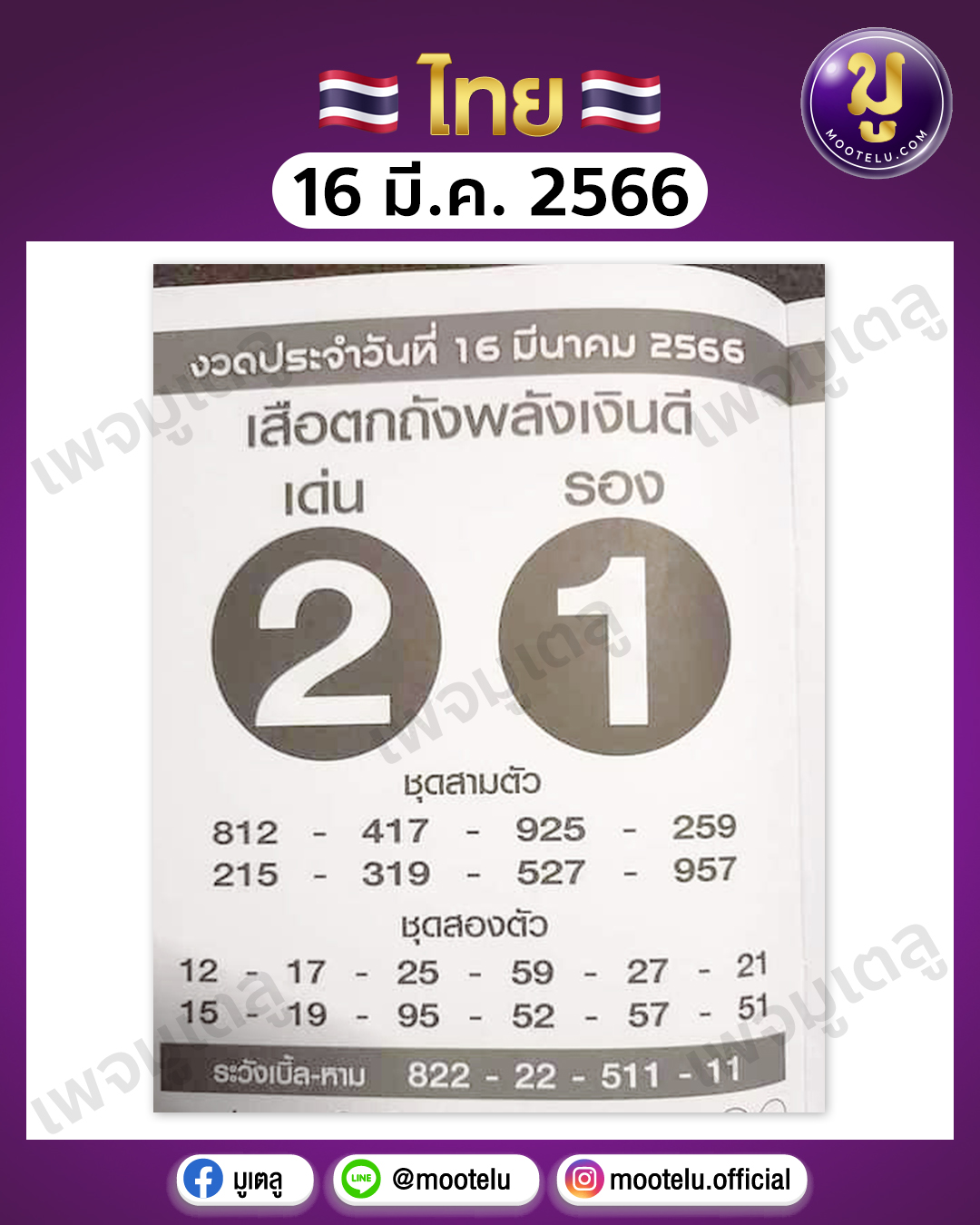 หวยเสือตกถังพลังเงินดี 16-3-66 
