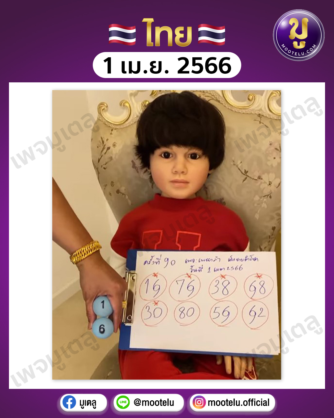 หวยเพชรกล้า เด็กชายนำโชค 1-4-66