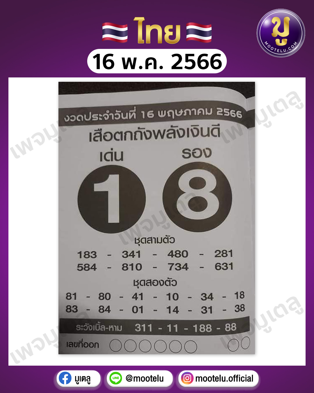 หวยเสือตกถังพลังเงินดี 16-5-66 