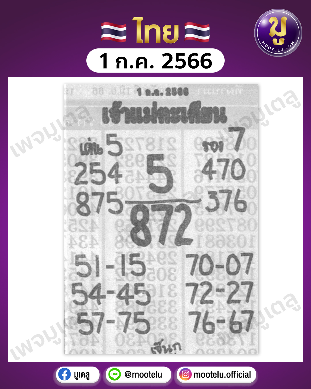 หวยเจ้าแม่ตะเคียน 1-7-66 