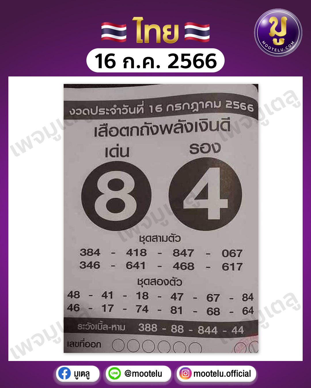 หวยเสือตกถังพลังเงินดี 16-7-66 