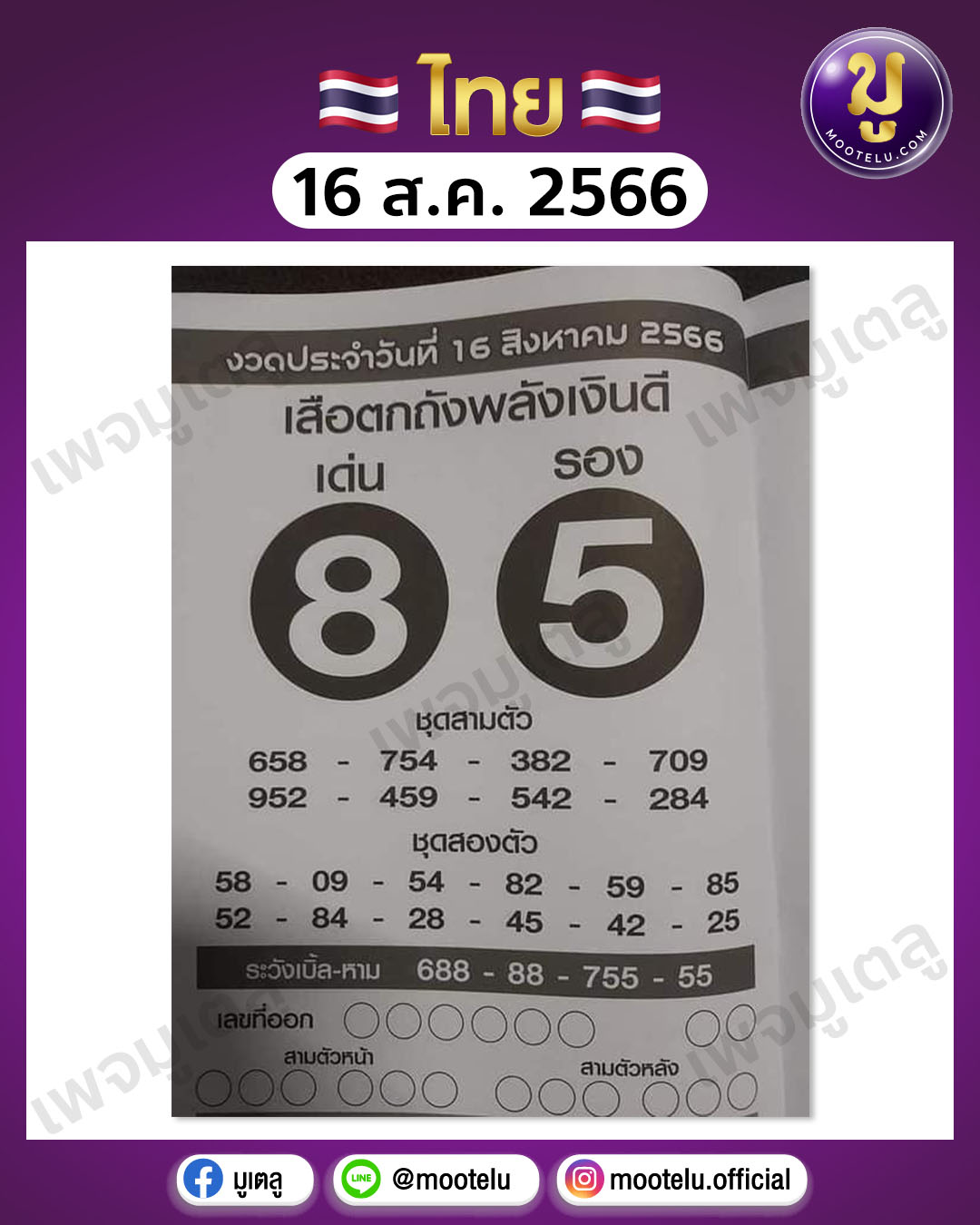 หวยเสือตกถังพลังเงินดี 16-8-66 