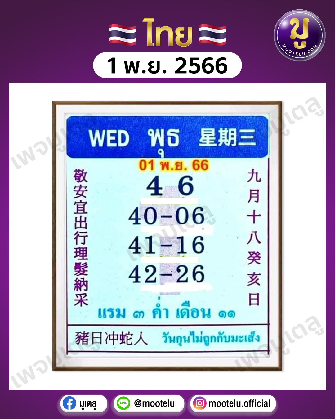 หวยปฏิทินจีน 1-11-66 
