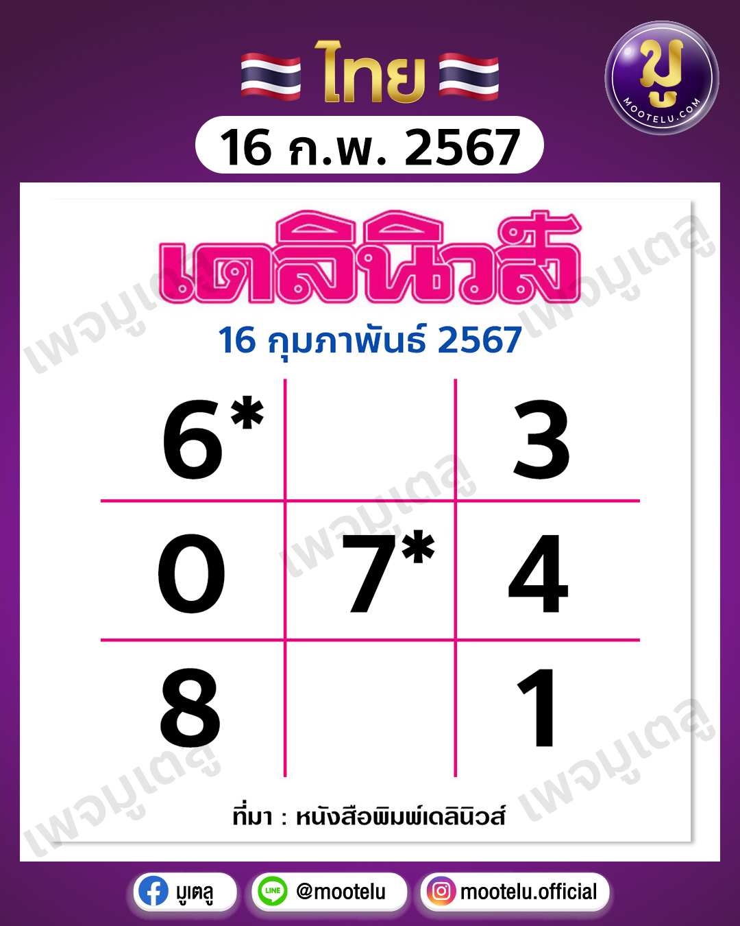 หวยเดลินิวส์ 16-2-67 