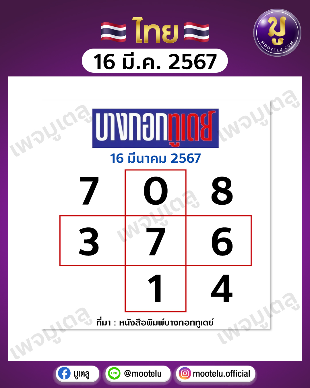 หวยบางกอกทูเดย์ 16-3-67 