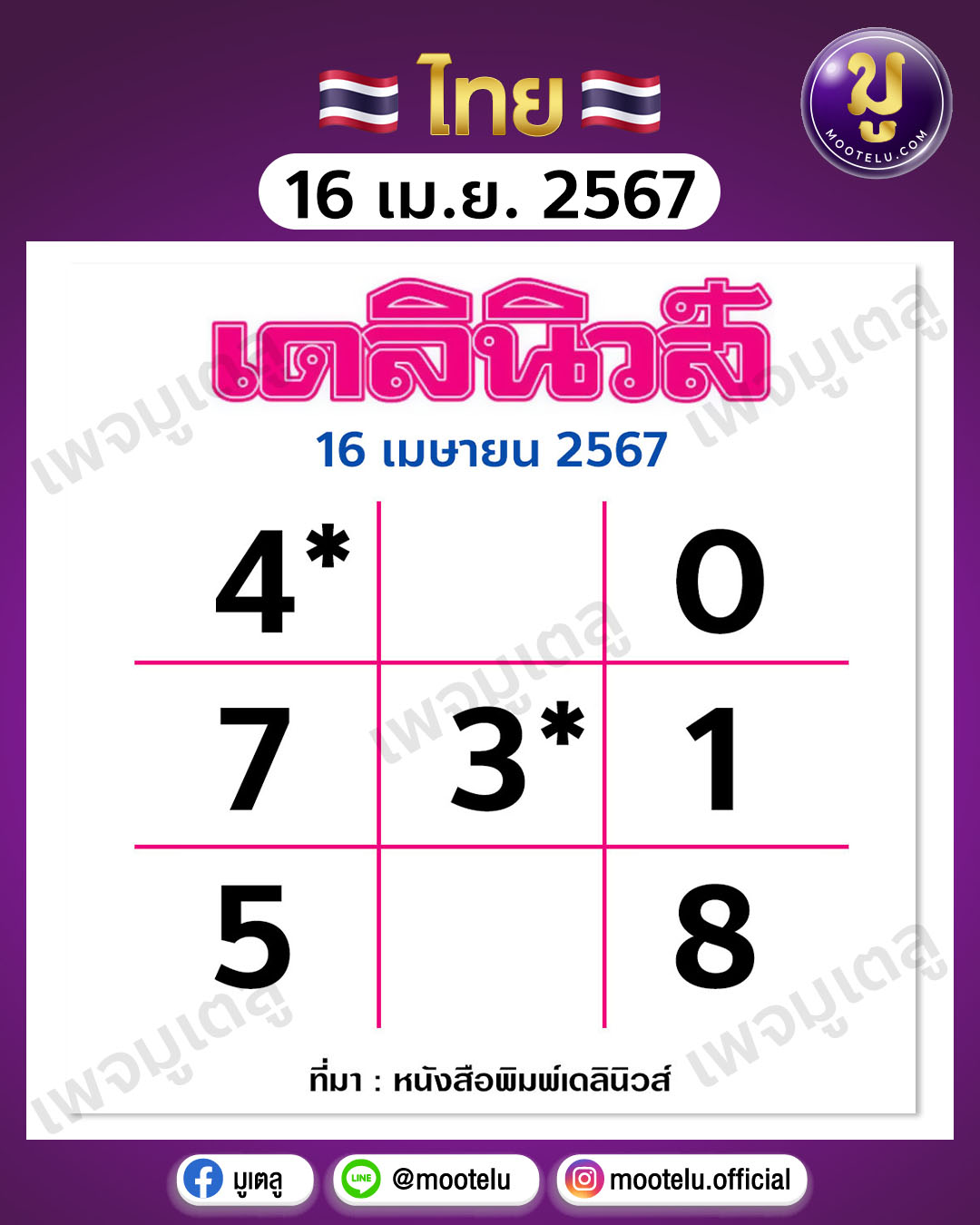 หวยเดลินิวส์ 16-4-67 