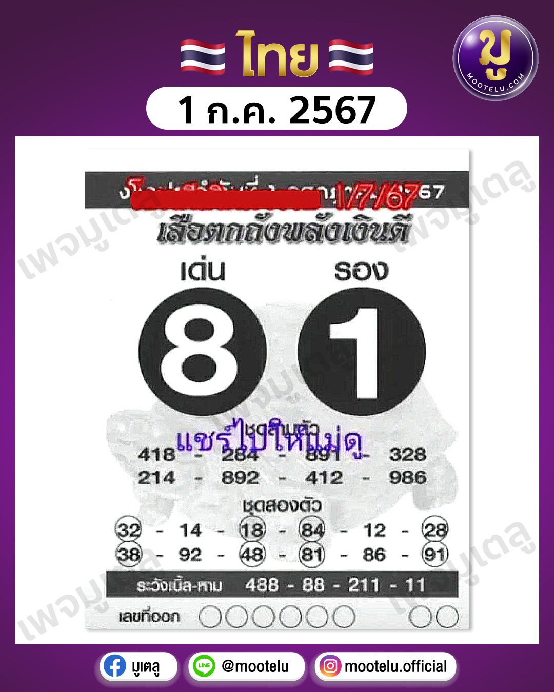 หวยเสือตกถังพลังเงินดี 1-7-67 