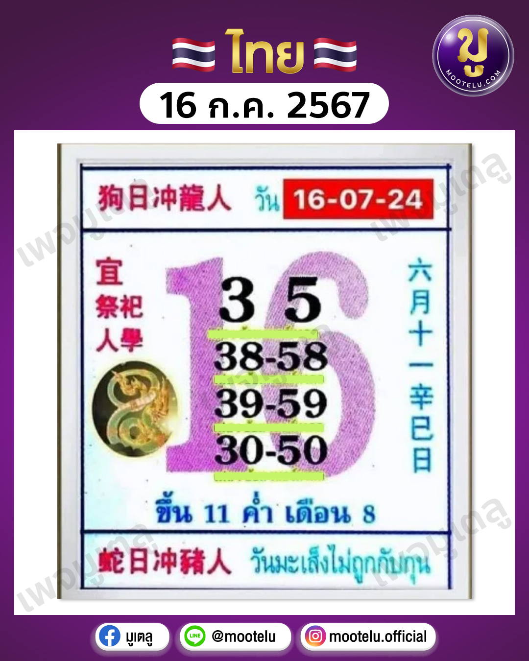หวยปฎิทินจีน 16-7-67 
