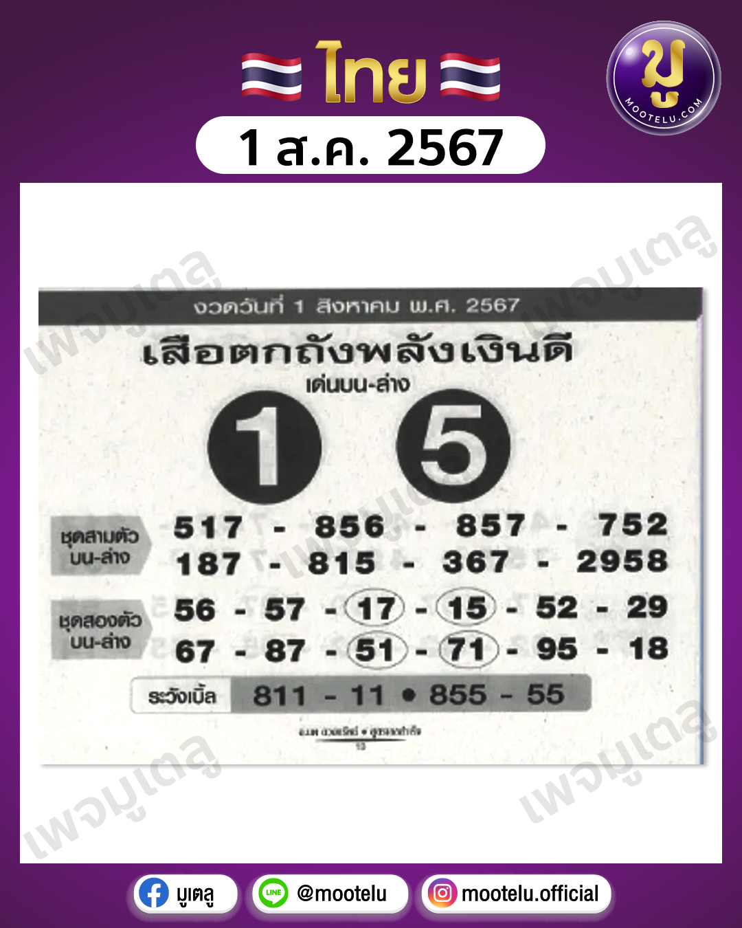 หวยเสือตกถังพลังเงินดี 1-8-67 